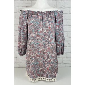 Umgee Paisley Off-Shoulder Blouse/Top/Tunic with Tassels at Hem ~ Size Small